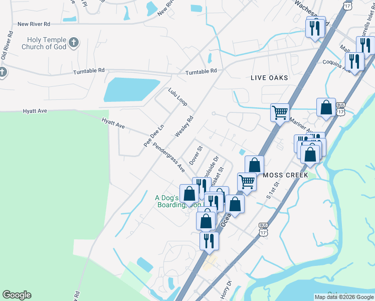 map of restaurants, bars, coffee shops, grocery stores, and more near 67 Crooked Island Circle in Murrells Inlet