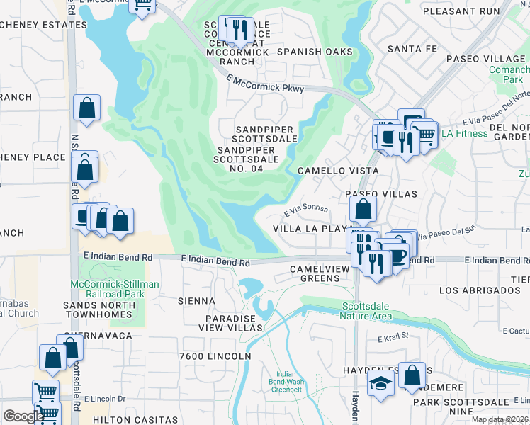 map of restaurants, bars, coffee shops, grocery stores, and more near 7770 East Vía Del Futuro in Scottsdale