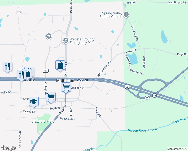 map of restaurants, bars, coffee shops, grocery stores, and more near 18665 U.S. 82 in Mathiston