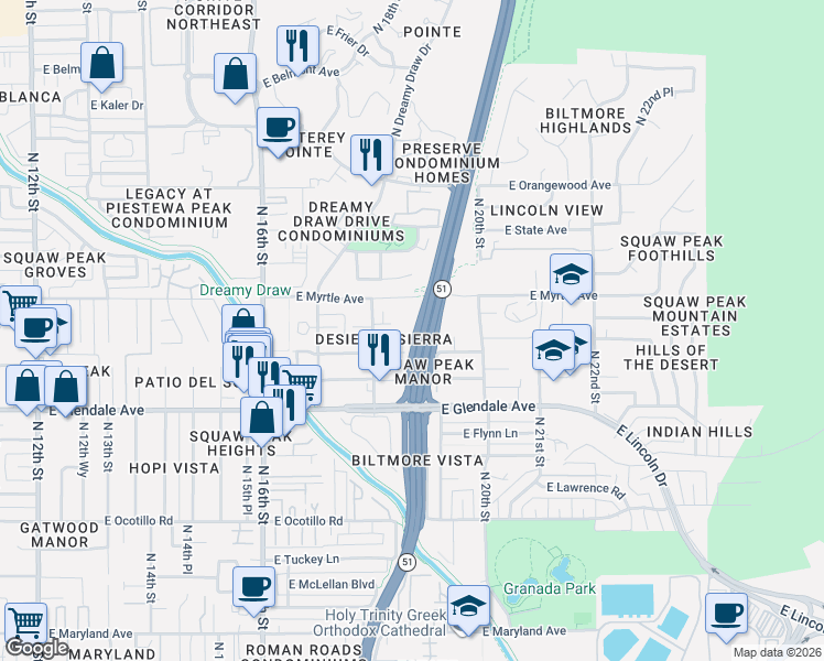 map of restaurants, bars, coffee shops, grocery stores, and more near 1823 East Myrtle Avenue in Phoenix