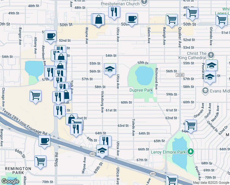 map of restaurants, bars, coffee shops, grocery stores, and more near 4804 59th Street in Lubbock