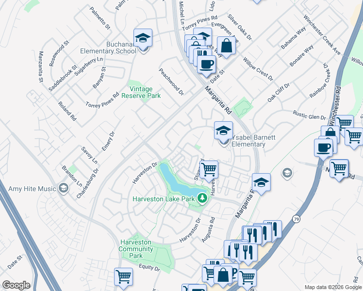 map of restaurants, bars, coffee shops, grocery stores, and more near 39891 Camden Court in Temecula
