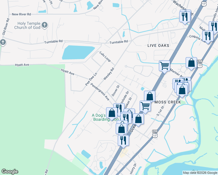 map of restaurants, bars, coffee shops, grocery stores, and more near 67 Crooked Island Circle in Murrells Inlet