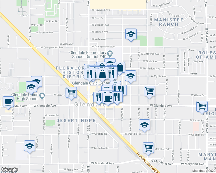 map of restaurants, bars, coffee shops, grocery stores, and more near 7123 N 58th Ave in Glendale