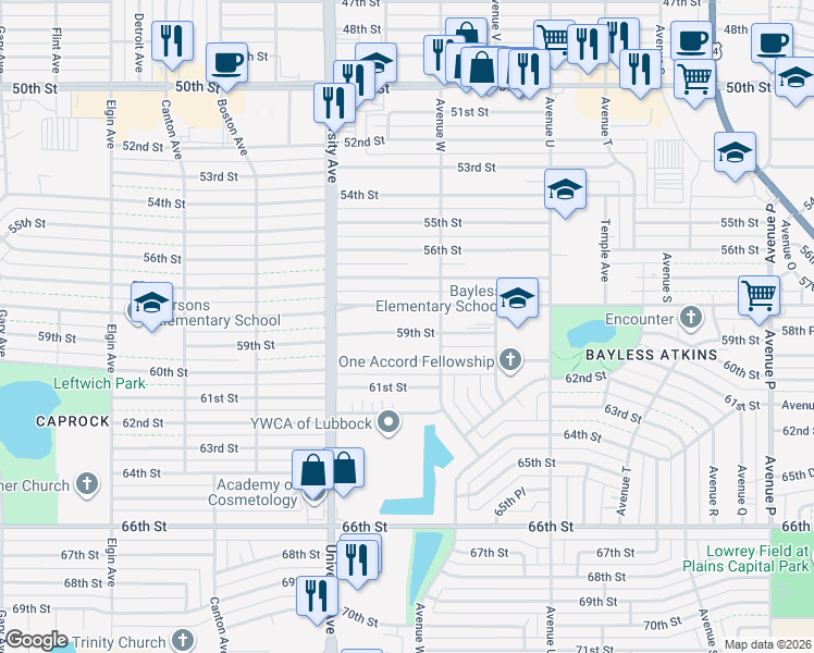 map of restaurants, bars, coffee shops, grocery stores, and more near 2311 58th Street in Lubbock
