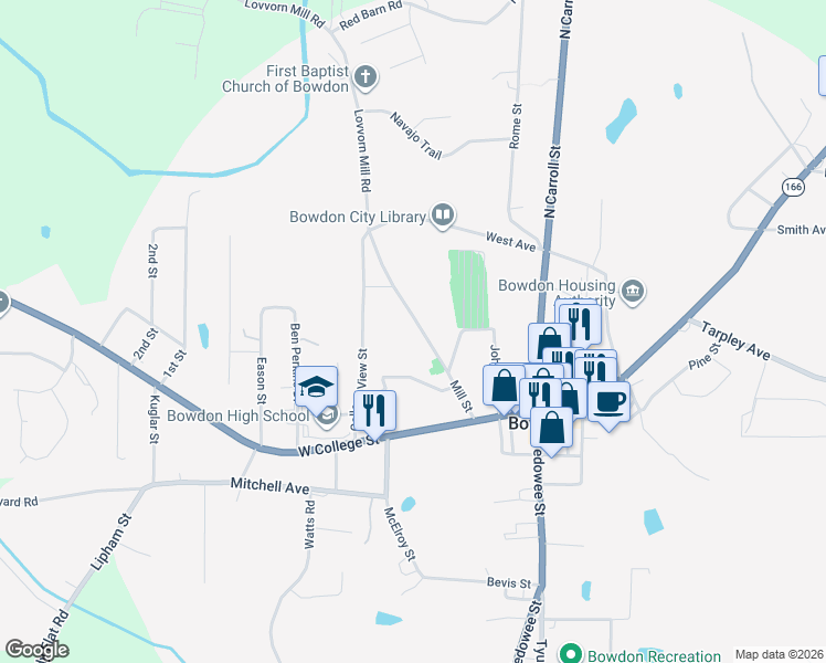 map of restaurants, bars, coffee shops, grocery stores, and more near 239 Mill Street in Bowdon