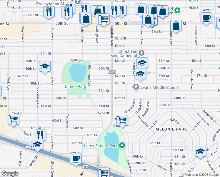 map of restaurants, bars, coffee shops, grocery stores, and more near 4402 59th Street in Lubbock