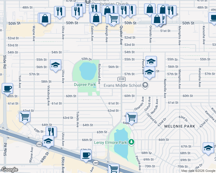 map of restaurants, bars, coffee shops, grocery stores, and more near 4506 59th Street in Lubbock