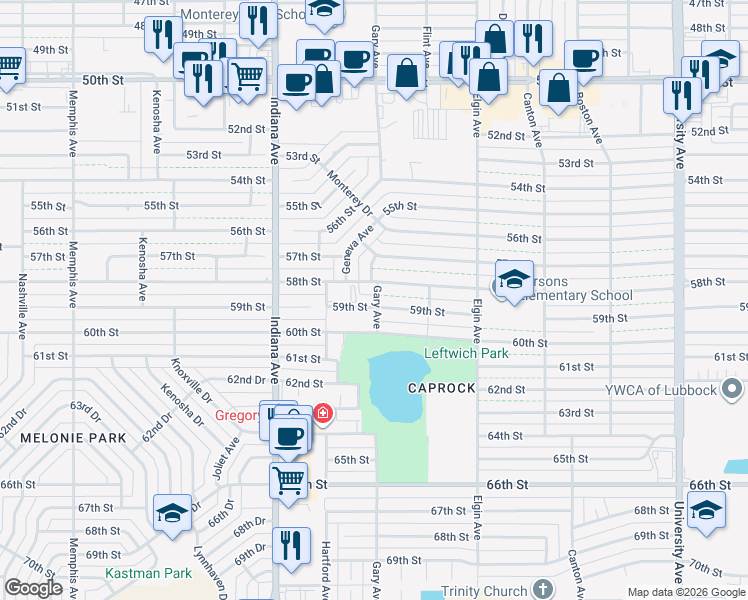map of restaurants, bars, coffee shops, grocery stores, and more near 3202 59th Street in Lubbock