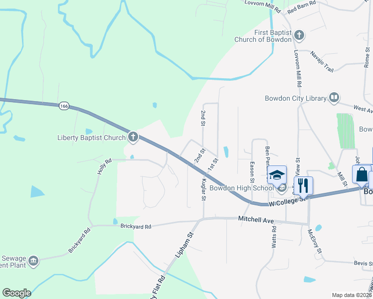 map of restaurants, bars, coffee shops, grocery stores, and more near 106 3rd Street in Bowdon