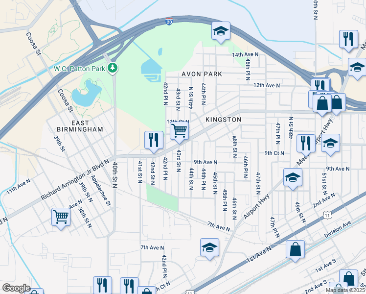 map of restaurants, bars, coffee shops, grocery stores, and more near 4252 Richard Arrington Junior Boulevard North in Birmingham
