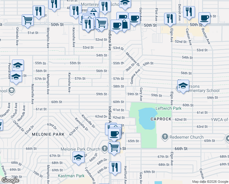 map of restaurants, bars, coffee shops, grocery stores, and more near 3315 58th Street in Lubbock
