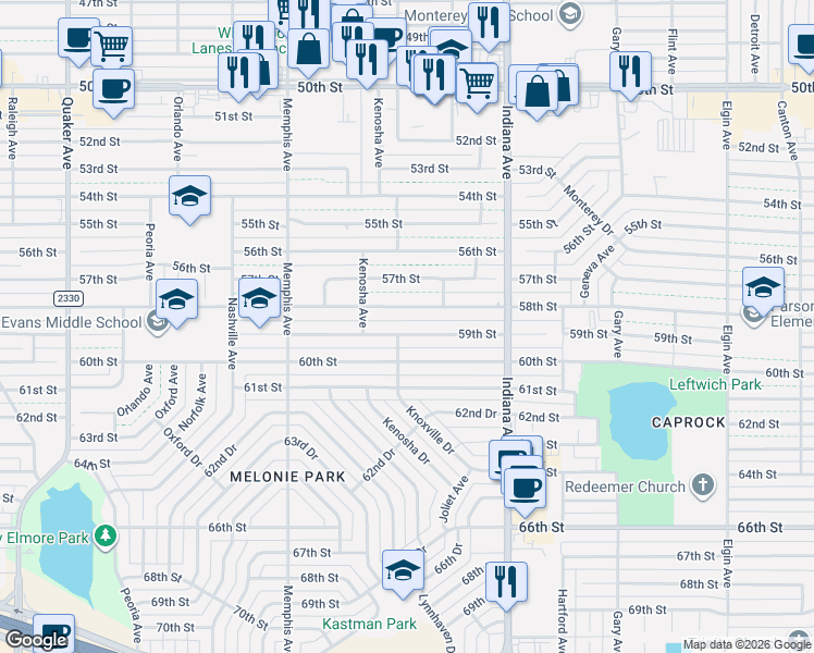 map of restaurants, bars, coffee shops, grocery stores, and more near 3515 58th Street in Lubbock