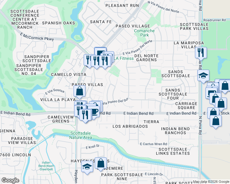 map of restaurants, bars, coffee shops, grocery stores, and more near 7141 North Vía De Alegria in Scottsdale