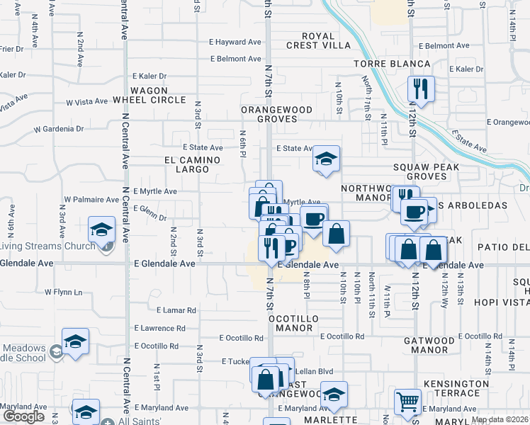 map of restaurants, bars, coffee shops, grocery stores, and more near 7201 North 7th Street in Phoenix