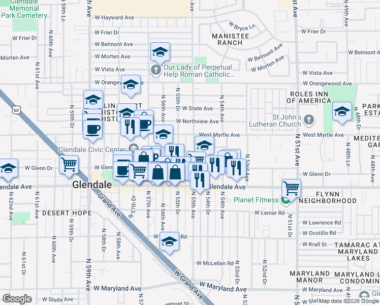 map of restaurants, bars, coffee shops, grocery stores, and more near 7146 North 55th Avenue in Glendale