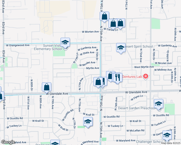 map of restaurants, bars, coffee shops, grocery stores, and more near 7208 North 76th Avenue in Glendale