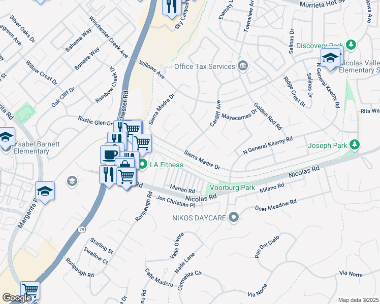 map of restaurants, bars, coffee shops, grocery stores, and more near 39307 Cardiff Avenue in Murrieta