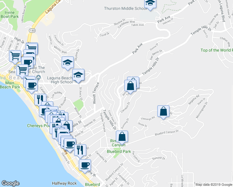 map of restaurants, bars, coffee shops, grocery stores, and more near 1585 Temple Hills Drive in Laguna Beach