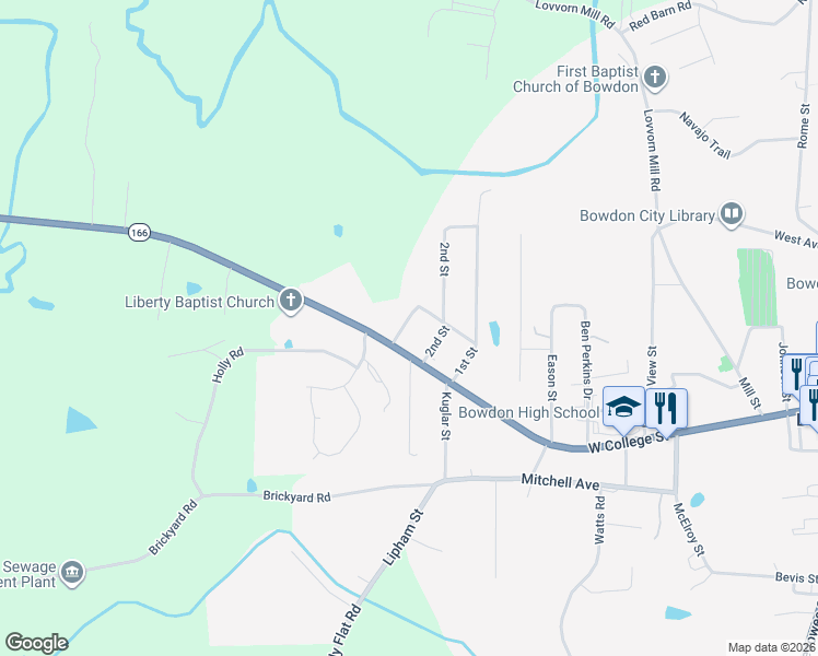map of restaurants, bars, coffee shops, grocery stores, and more near 106 3rd Street in Bowdon