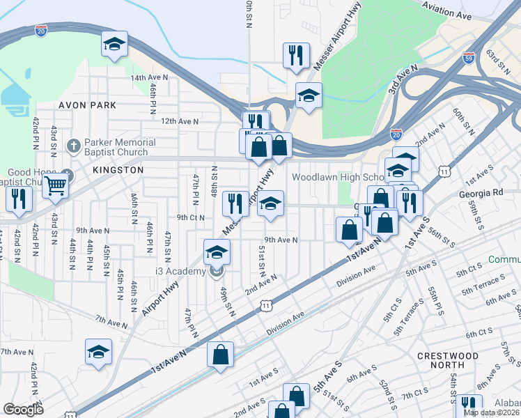 map of restaurants, bars, coffee shops, grocery stores, and more near 5104 Georgia Road in Birmingham