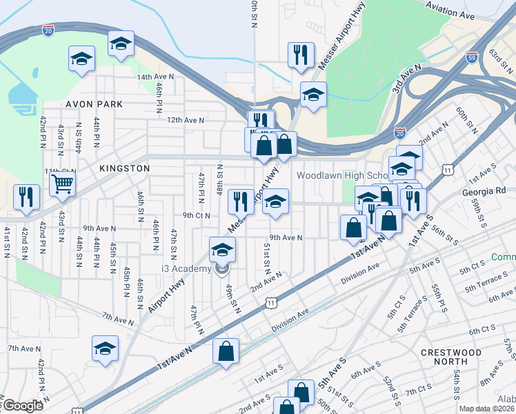 map of restaurants, bars, coffee shops, grocery stores, and more near 949 48th Street North in Birmingham
