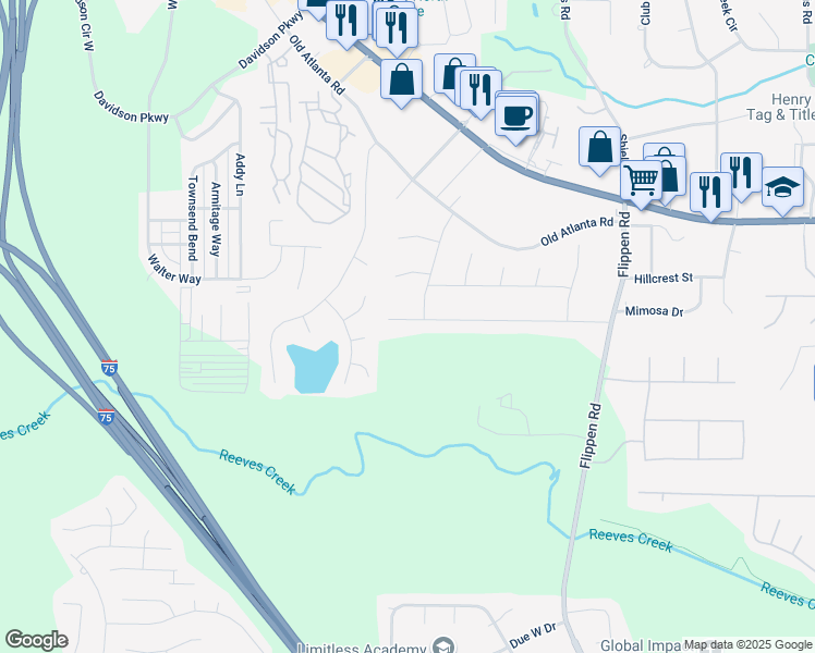 map of restaurants, bars, coffee shops, grocery stores, and more near 247 Northbridge Drive in Stockbridge