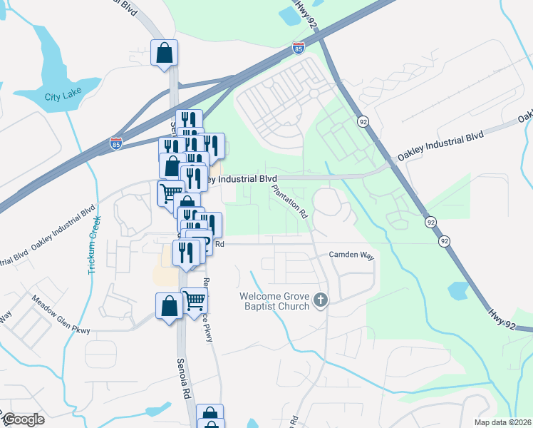 map of restaurants, bars, coffee shops, grocery stores, and more near 5555 Catherine Lane in Fairburn