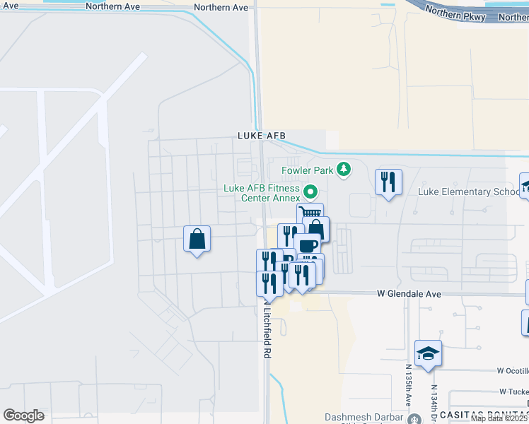 map of restaurants, bars, coffee shops, grocery stores, and more near 7219 North Litchfield Road in Glendale