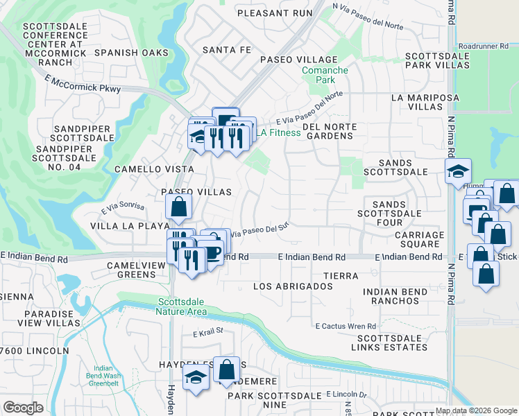 map of restaurants, bars, coffee shops, grocery stores, and more near 7141 North Vía De Alegria in Scottsdale
