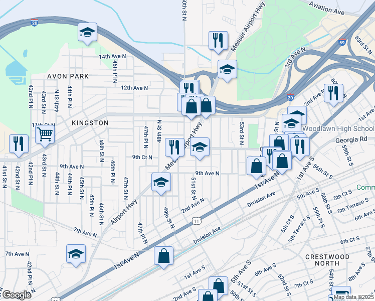 map of restaurants, bars, coffee shops, grocery stores, and more near 949 48th Street North in Birmingham
