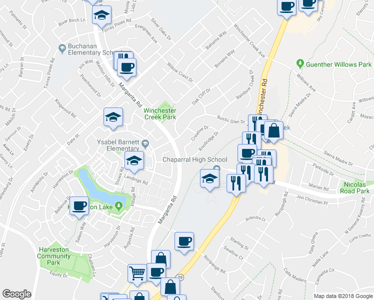 map of restaurants, bars, coffee shops, grocery stores, and more near 39848 Creative Drive in Temecula