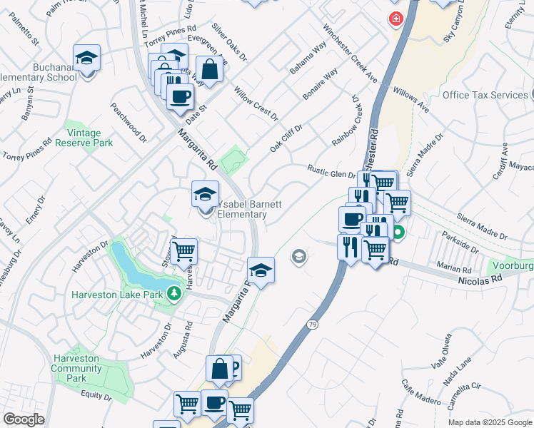 map of restaurants, bars, coffee shops, grocery stores, and more near 39848 Creative Drive in Temecula