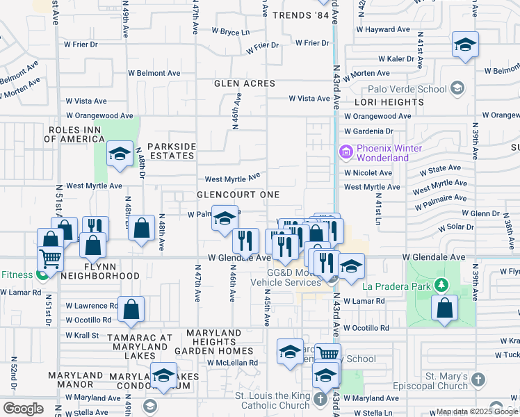 map of restaurants, bars, coffee shops, grocery stores, and more near 7138 North 45th Avenue in Glendale