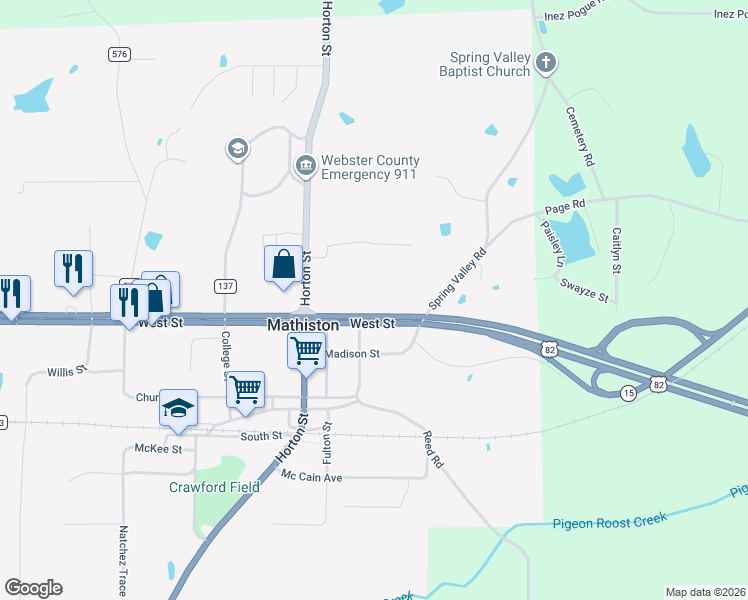 map of restaurants, bars, coffee shops, grocery stores, and more near 165 Sutphin Street in Mathiston