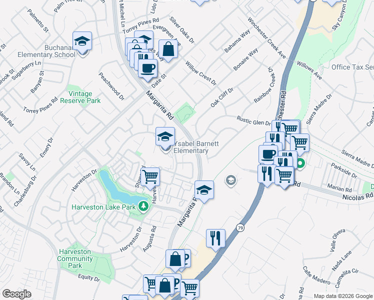 map of restaurants, bars, coffee shops, grocery stores, and more near 39947 Hudson Court in Temecula