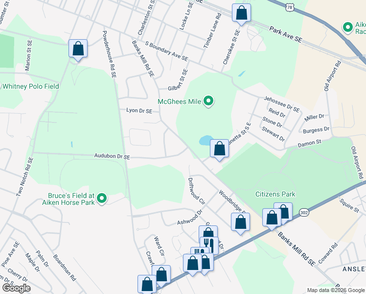 map of restaurants, bars, coffee shops, grocery stores, and more near 723 Banks Mill Road Southeast in Aiken