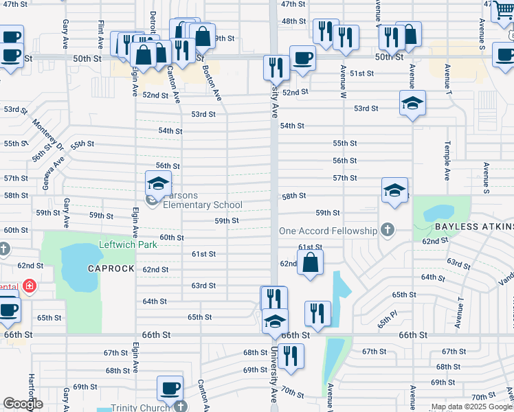 map of restaurants, bars, coffee shops, grocery stores, and more near 2502 58th Street in Lubbock
