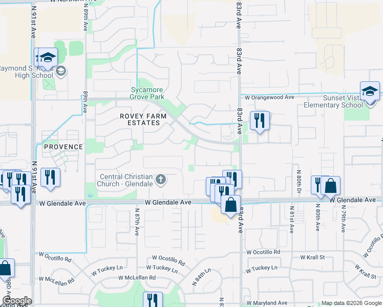 map of restaurants, bars, coffee shops, grocery stores, and more near 7226 North 84th Drive in Glendale