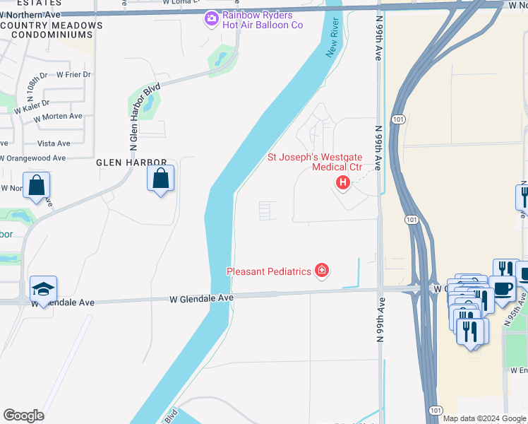 map of restaurants, bars, coffee shops, grocery stores, and more near 10020 West Glendale Avenue in Glendale