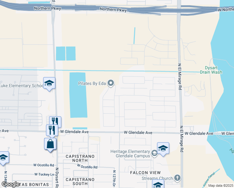map of restaurants, bars, coffee shops, grocery stores, and more near 7429 North 128th Avenue in Maricopa County