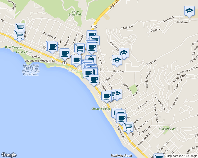 map of restaurants, bars, coffee shops, grocery stores, and more near 450 Glenneyre Street in Laguna Beach