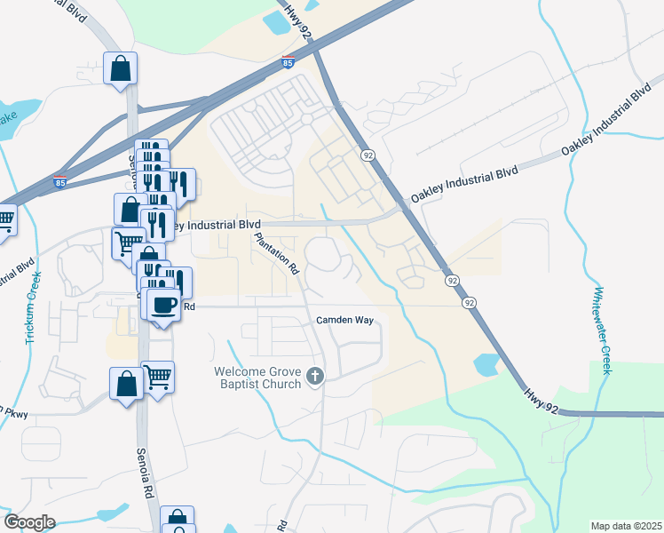 map of restaurants, bars, coffee shops, grocery stores, and more near 5500 Oakley Industrial Boulevard in Fairburn