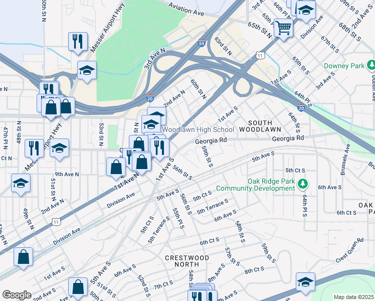 map of restaurants, bars, coffee shops, grocery stores, and more near 5720 1st Avenue South in Birmingham