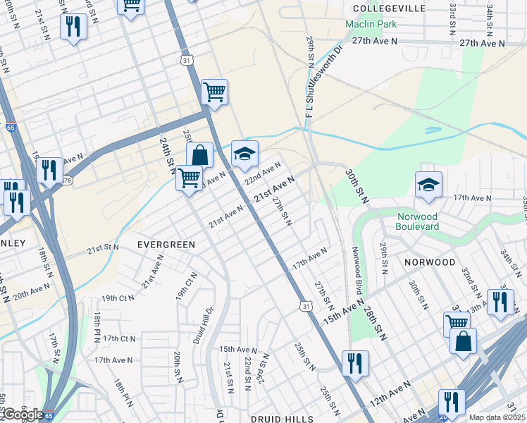 map of restaurants, bars, coffee shops, grocery stores, and more near 2609 21st Avenue North in Birmingham