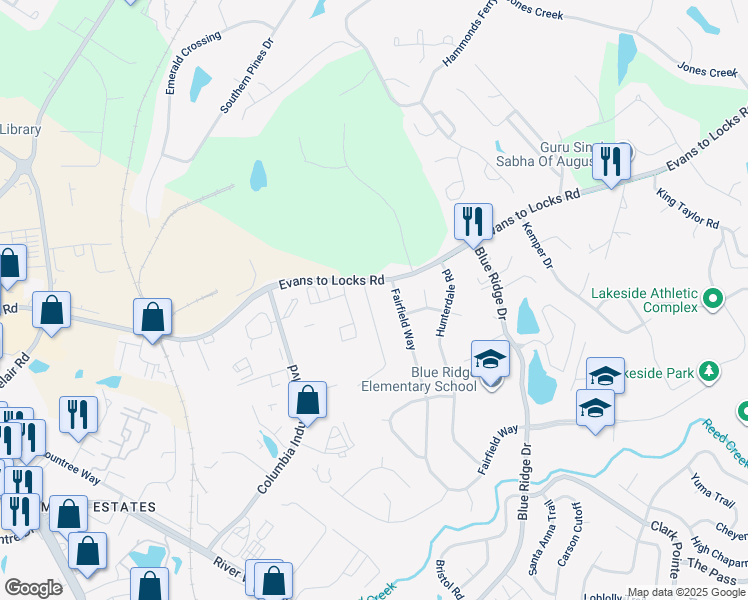 map of restaurants, bars, coffee shops, grocery stores, and more near 739 Bradford Lane in Evans