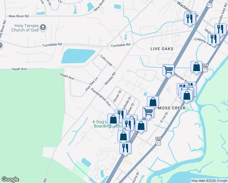 map of restaurants, bars, coffee shops, grocery stores, and more near 67 Crooked Island Circle in Murrells Inlet