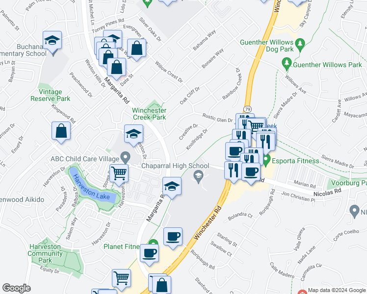 map of restaurants, bars, coffee shops, grocery stores, and more near 39845 Knollridge Drive in Temecula