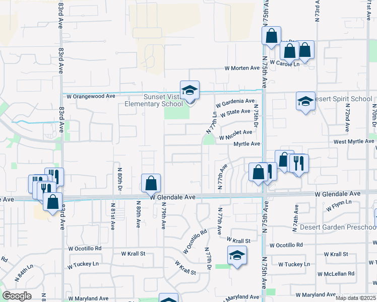 map of restaurants, bars, coffee shops, grocery stores, and more near 7772 West Myrtle Avenue in Glendale
