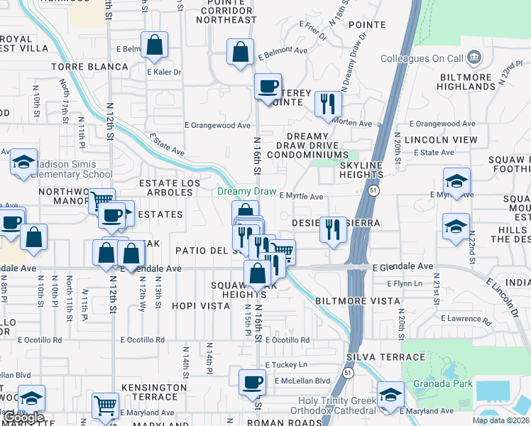 map of restaurants, bars, coffee shops, grocery stores, and more near 7141 North 16th Street in Phoenix